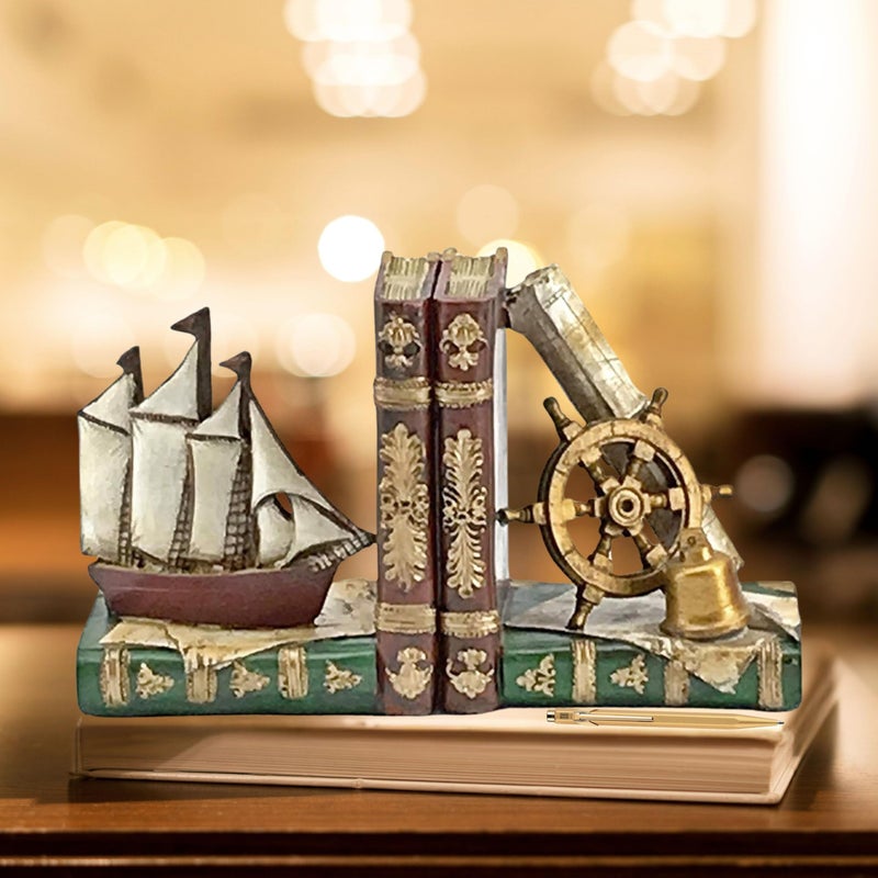 Bellaa 24247 Pirate Ship Bookends Captain Sailboat Crew Sailor Nautical Coastal Home Decor Art Statues Book Ends Shelves Stoppers Holder Nonskid Shelf Heavy Duty Supports Vintage Style - Image 1